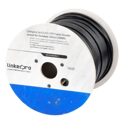 Bobina de Cable de 305 Metros (1000 Pies) Cat5e, Aleación de Cobre y Aluminio (CCA), Color Negro, Uso Intemperie, Doble Forro LINKEDPRO BY EPCOM EP-CAT-5E-V2-EXT